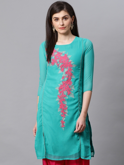 

Kifahari Women Sea Green & Fuchsia Pink Embroidered Straight Kurta