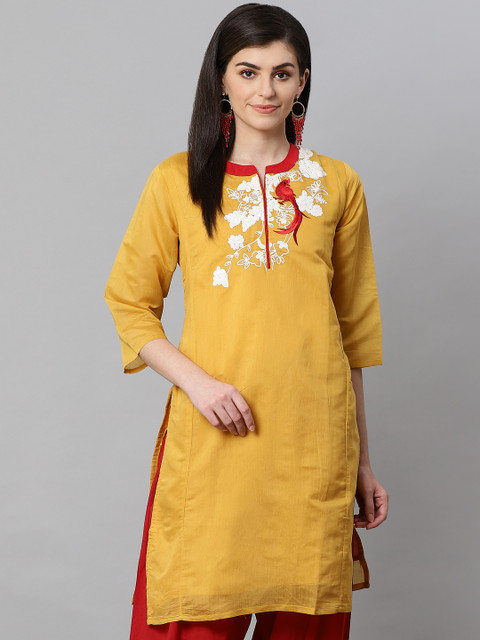

Kifahari Women Mustard Yellow Yoke Embroidered Straight Kurta