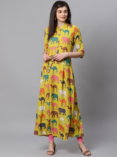 

Kifahari Women Multicoloured Quirky Print A-Line Kurta with Belt, Multi
