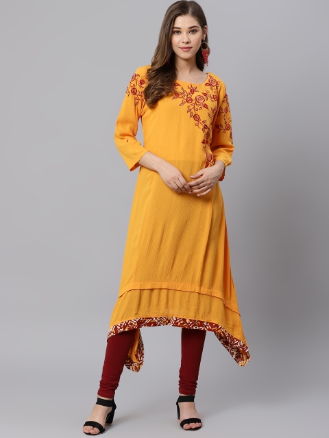 

Kifahari Women Yellow & Maroon Yoke Embroidered Asymmetric A-Line Kurta