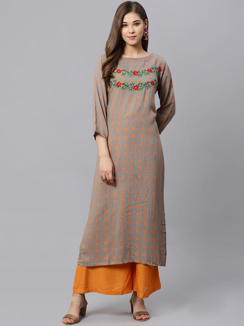 

Kifahari Women Grey & Orange Printed Straight Kurta