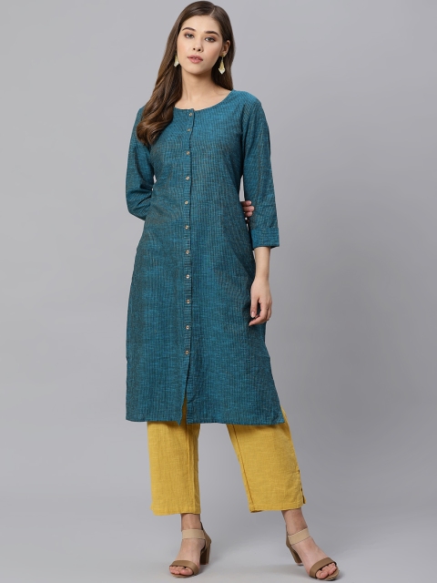 

Kifahari Women Teal Blue Striped Straight Kurta