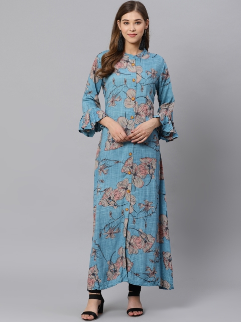 

Kifahari Women Blue & Peach-Coloured Slim Fit Floral Print A-Line Kurta