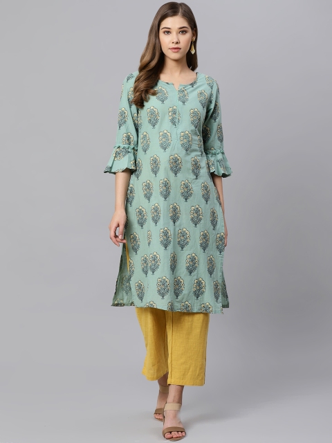 

Kifahari Women Sea Green & Yellow Slim Fit Printed & Sequinned Straight Kurta