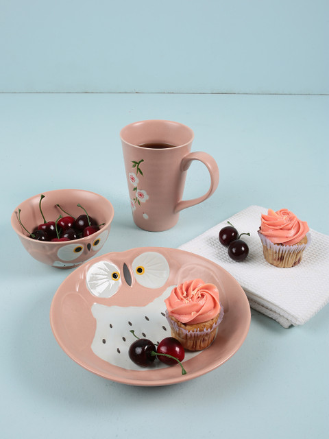 

Chumbak Pink & White Printed Porcelain Gracious Owl Pink Breakfast Set