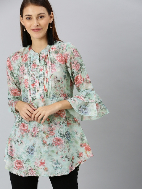 

Rain & Rainbow Seagreen and Peach Floral Print Mandarin Collar Flared Sleeve Top, Sea green