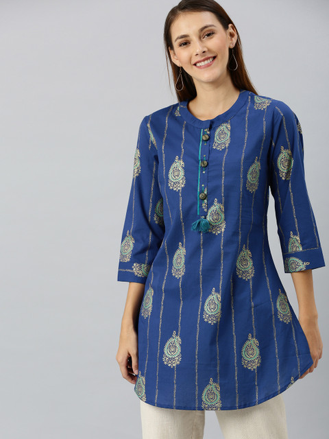 

Rain & Rainbow Blue and Sea Green Paisley Print Mandarin Collar Pure Cotton Kurti