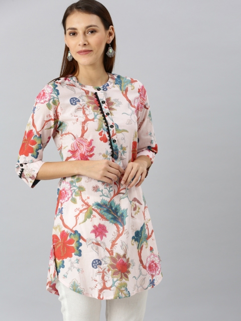 

Rain & Rainbow Women Peach and White Floral Print Mandarin Collar A-Line Top