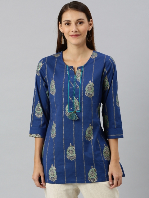 

Rain & Rainbow Blue and Sea Green Paisley Print Pure Cotton A-Line Top