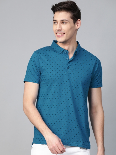 

Mast Harbour Men Blue Black Micro Ditsy Printed Polo Collar Pure Cotton T-shirt
