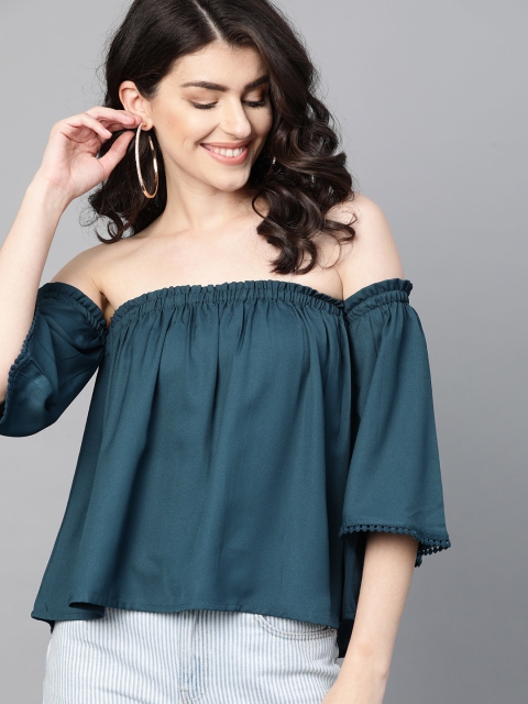 

HERE&NOW Women Teal Blue Solid Bardot Top