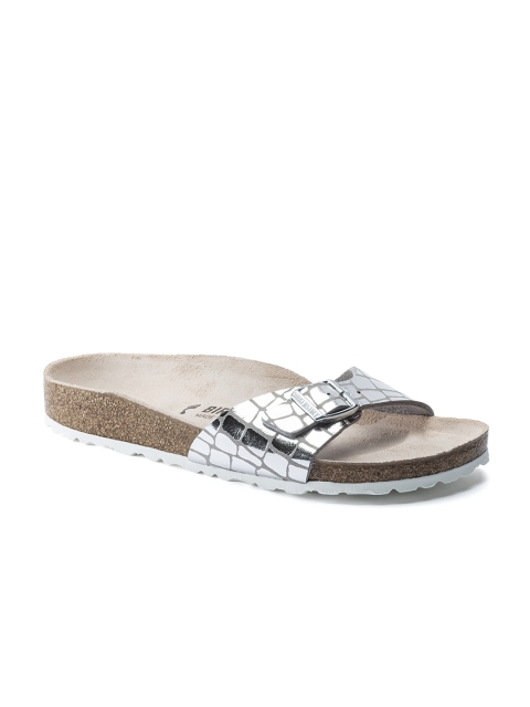 

Birkenstock Women Silver-Toned Madrid Micro Fibre Gator Gleam Regular Width Open Toe Flats