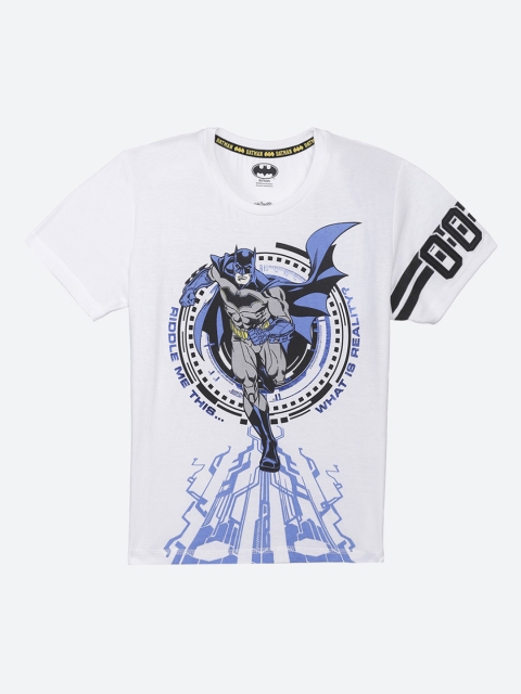 

Kids Ville Boys White Blue Batman Printed Round Neck Pure Cotton T-shirt