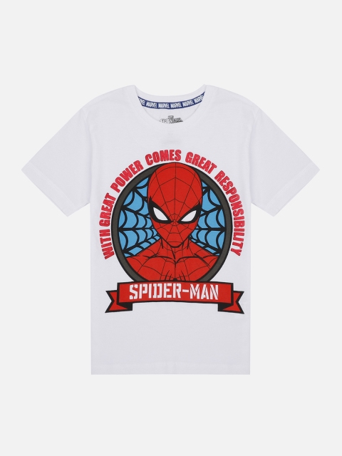 

Kids Ville Boys White & Red Spiderman Printed Round Neck T-shirt