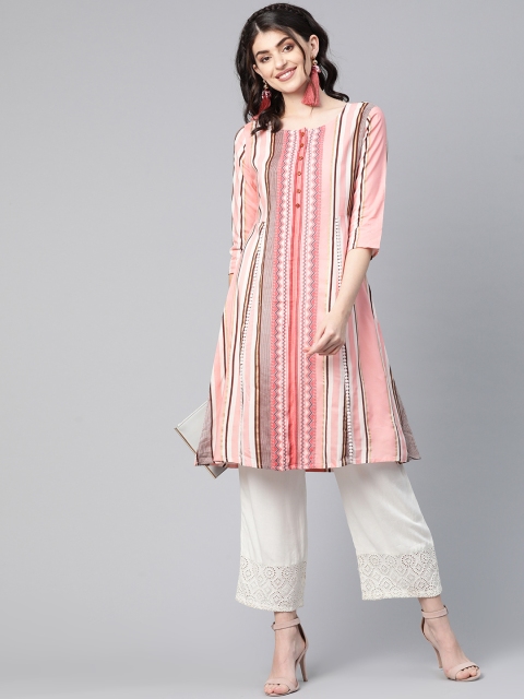 

HERE&NOW Women Peach-Coloured & White Striped A-Line Kurta