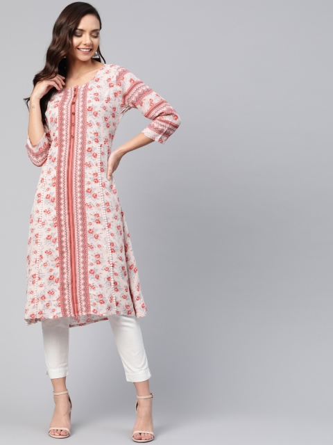

HERE&NOW Women Off-White & Orange Floral Printed A-Line Kurta