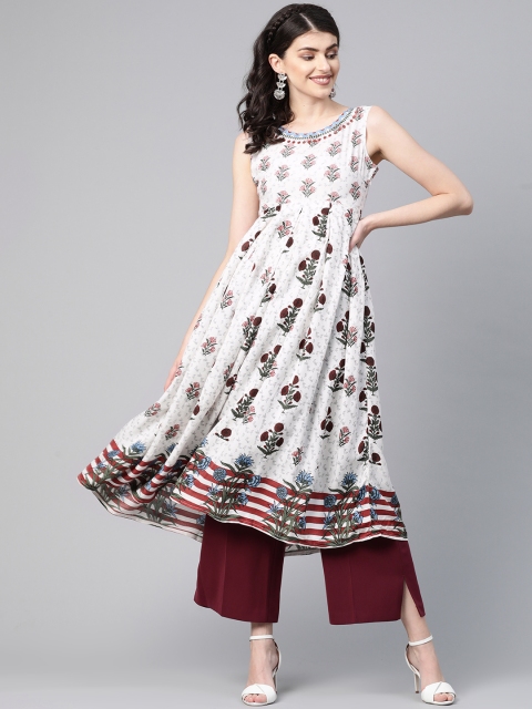 

HERE&NOW Women White & Maroon Printed Anarkali Kurta