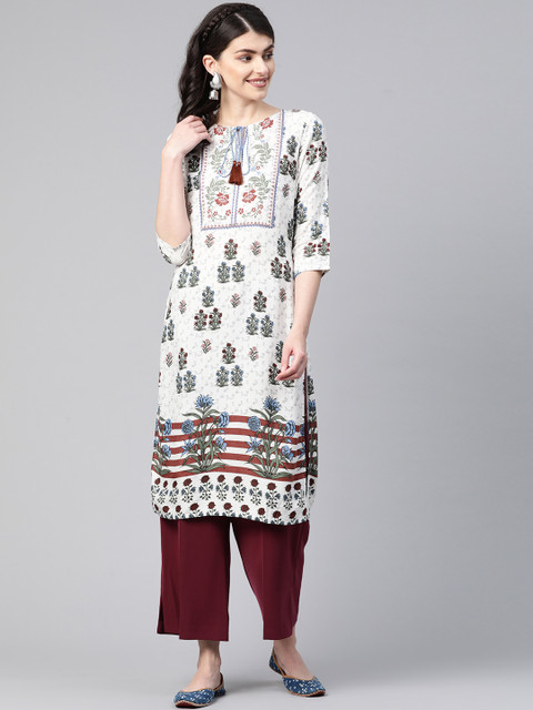 

HERE&NOW Women White & Maroon Printed Straight Kurta
