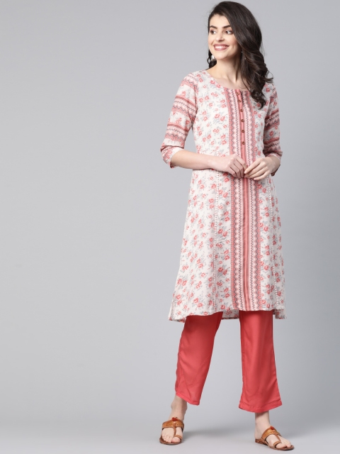 

HERE&NOW Women Off-White & Coral Orange Floral Printed Kurta with Palazzos