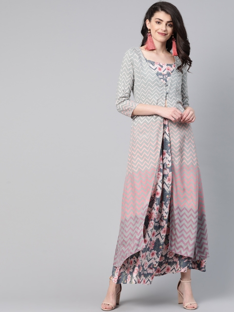 

HERE&NOW Women Grey & Pink Printed Top & Skirt With Layered Long Ethnic Jacket