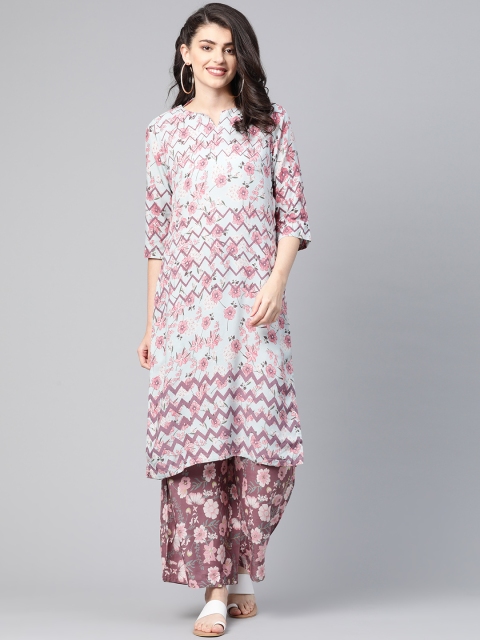 

HERE&NOW Women Blue & Mauve Geometric With Floral Print Kurta with Palazzos