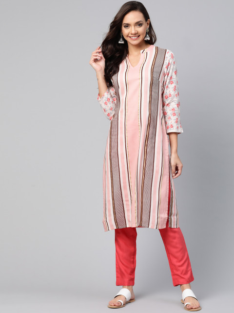 

HERE&NOW Women Pink & Coral Orange Striped Kurta with Trousers