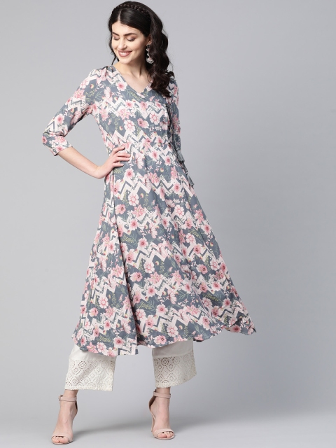 

HERE&NOW Women Grey & Pink Printed A-Line Angrakha Kurta