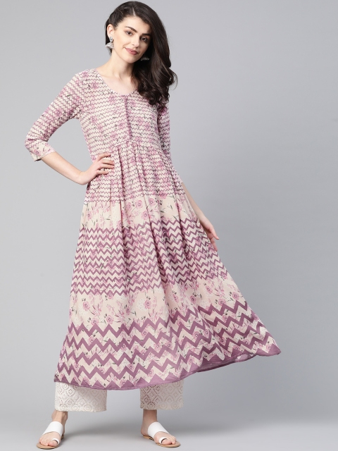 

HERE&NOW Women Beige & Mauve Geometric With Floral Printed Anarkali Kurta