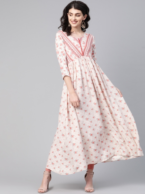 

HERE&NOW Women Off-White & Coral Pink Printed Anarkali Kurta