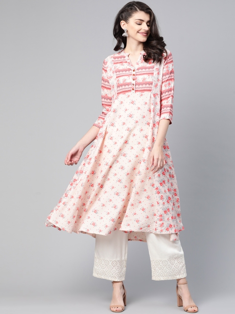 

HERE&NOW Women White & Coral Orange Floral Printed Anarkali Kurta