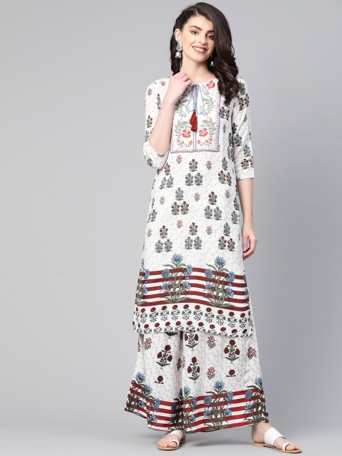 

HERE&NOW Women White & Green Ethnic Printed Kurta with Palazzos