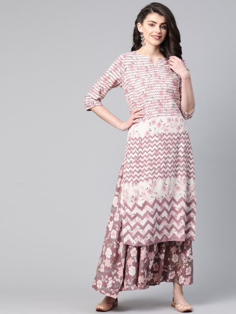 

HERE&NOW Women Mauve & Pink Geometric With Floral Print Kurta with Skirt