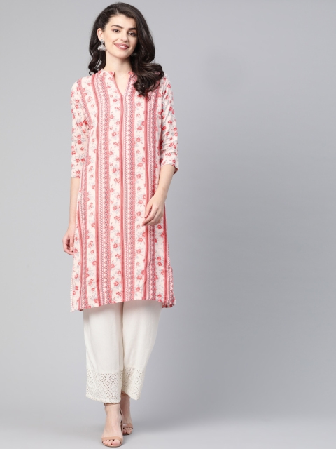 

HERE&NOW Women Off-White & Coral Orange Floral Printed Straight Kurta