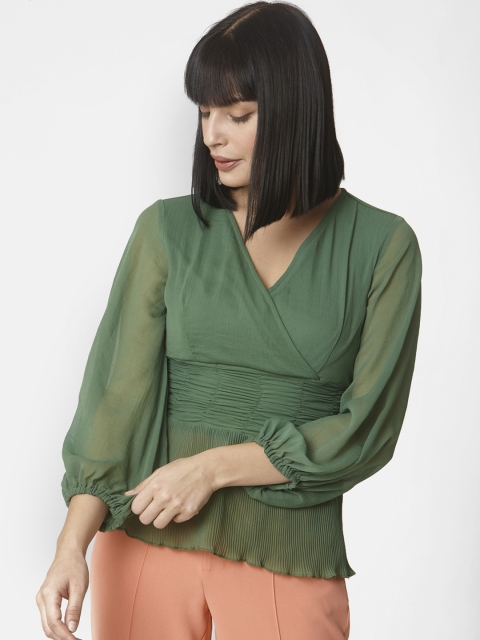 

Vero Moda Women Green Solid Wrap Top With Gathers