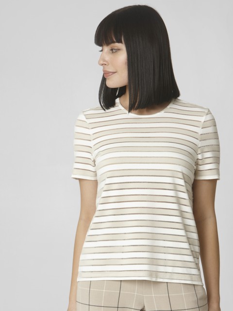 

Vero Moda Women Beige & White Striped Round Neck T-shirt