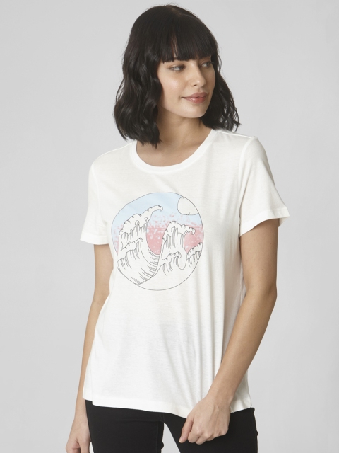 

Vero Moda Women Off-White Printed Round Neck T-shirt