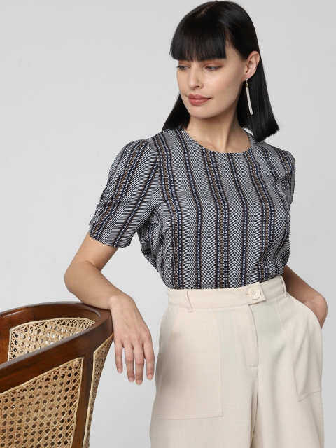 

Vero Moda Women Navy Blue & White Striped Gathered Regular Top