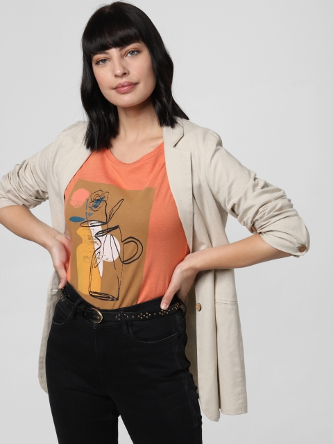 

Vero Moda Women Orange Printed Round Neck Pure Cotton T-shirt