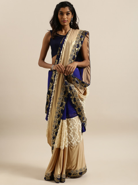 

Shangrila Creation Blue & Cream-Coloured Poly Georgette Colourblocked Saree