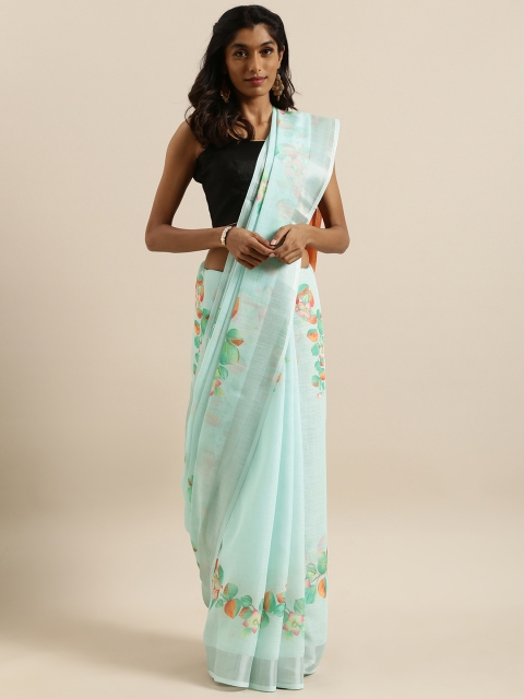 

Shangrila Creation Blue & Peach-Coloured Linen Blend Floral Printed Saree