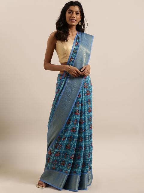 

Shangrila Creation Blue & Red Linen Blend Printed Muga Saree