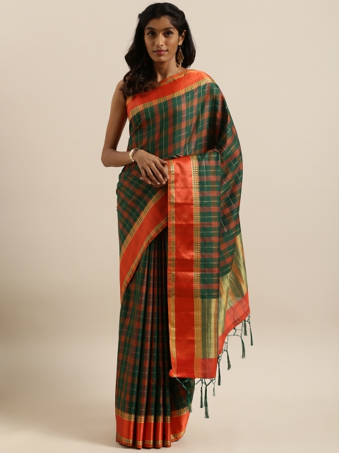 

Shangrila Creation Green & Orange Linen Blend Checked Saree