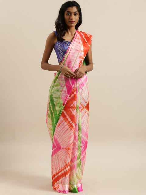 

Shangrila Creation Pink & Green Cotton Blend Dyed Kota Saree
