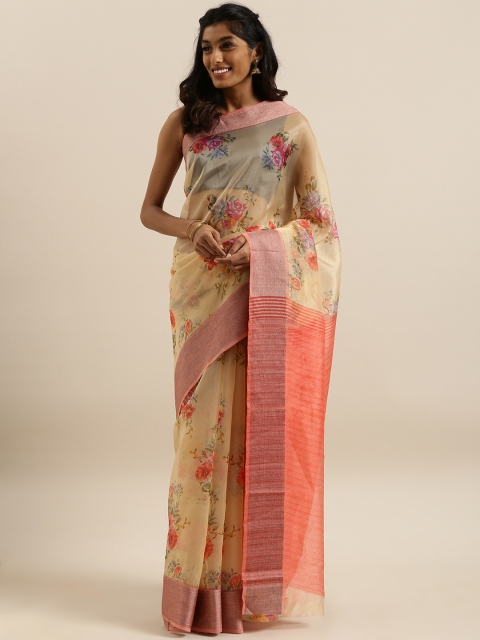 

Shangrila Creation Beige & Peach-Coloured Organza Printed Saree
