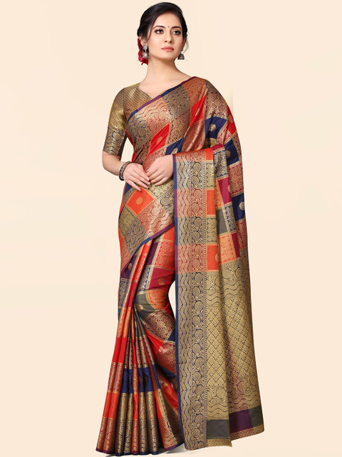 

SHANGRILA Gold-Toned & Navy Blue Silk Blend Checked Paithani Saree