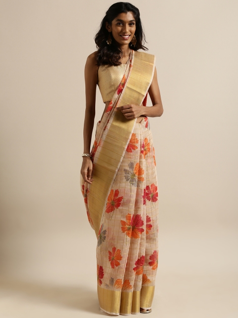 

Shangrila Creation Beige & Peach-Coloured Linen Blend Printed Kota Saree