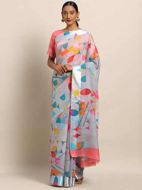 

Kvsfab Grey & Blue Linen Blend Geometric Printed Saree