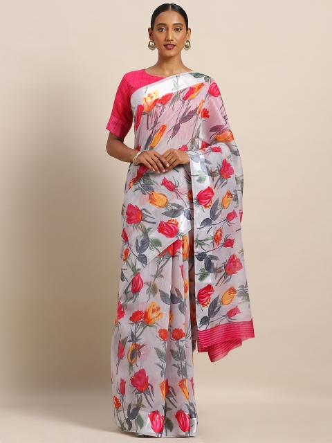 

Kvsfab Grey & Red Linen Blend Printed Saree