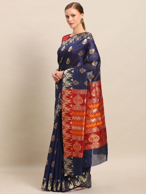 

Kvsfab Navy Blue & Red Silk Blend Woven Design Silk Saree