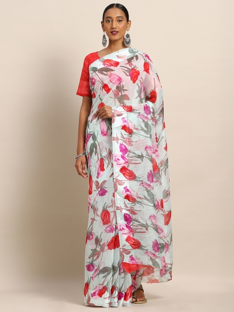 

Kvsfab Sea Green & Red Linen Blend Printed Saree